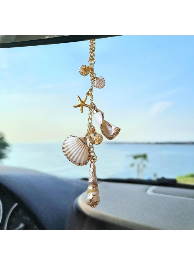 Sea Shells Car Decor,Cute Coastal Hanging Charm for Rear View Mirror, Boho Beach Themed Car Accessories,Hand-Made Starfish Conchas Aesthetic Ornament Pendant for Women - Image 1