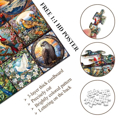 PICKFORU Stained Glass Puzzles for Adults 1000 Pieces, Bird Puzzles for Adults Flower with Cardinal Bird Parrot Hummingbird, Impossible Hard Challenging Jigsaw Puzzles for Adults - Image 3