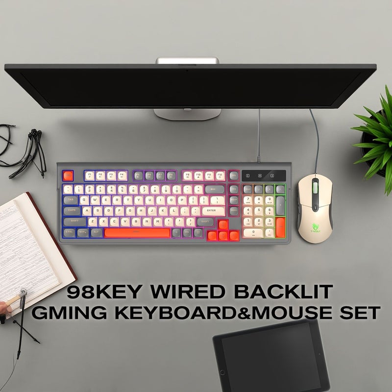 الوحة مفاتيح ميكانيكية للألعاب وفأرة بمجموعة رمادية 98 مفتاحًا مع إضاءة خلفية RGB و 19 مفتاحًا مقاومًا للتداخل، اتصال عبر USB سلكي مع إمكانية التشغيل الفوري للكمبيوتر، أغطية مفاتيح كروية، تصميم ملون وودود للمعصم للاستخدام في المكاتب وإعدادات الألعاب للكمبيوتر الشخصي واللابتوب. - Image 1