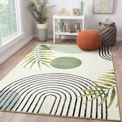 RoomTalks Mid Century Modern Washable Rug, Green Boho Cute Aesthetic 4x6 Area Rugs for Bedroom Dining Living Room Kitchen, Abstract Tropical Leaves Non Slip Thin Indoor Entryway Rug Throw Carpet - Image 1
