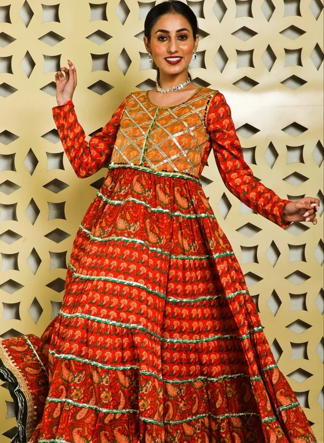 AKS Red Ethnic Motifs Printed Cotton Maxi Dress for Women