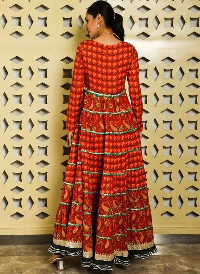 AKS Red Ethnic Motifs Printed Cotton Maxi Dress for Women