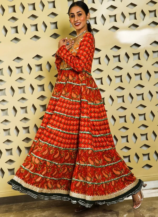 AKS Red Ethnic Motifs Printed Cotton Maxi Dress for Women