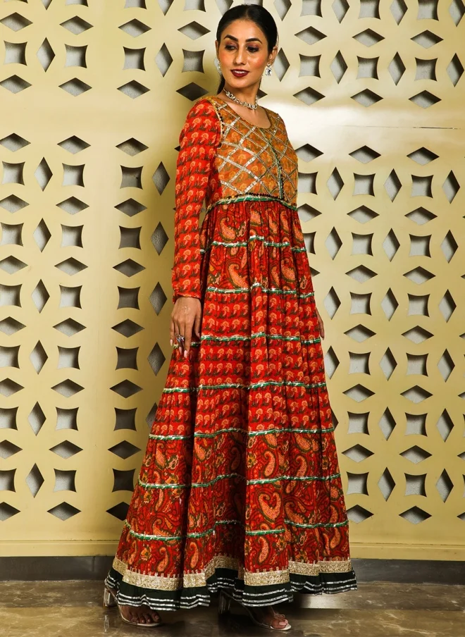 AKS Red Ethnic Motifs Printed Cotton Maxi Dress for Women