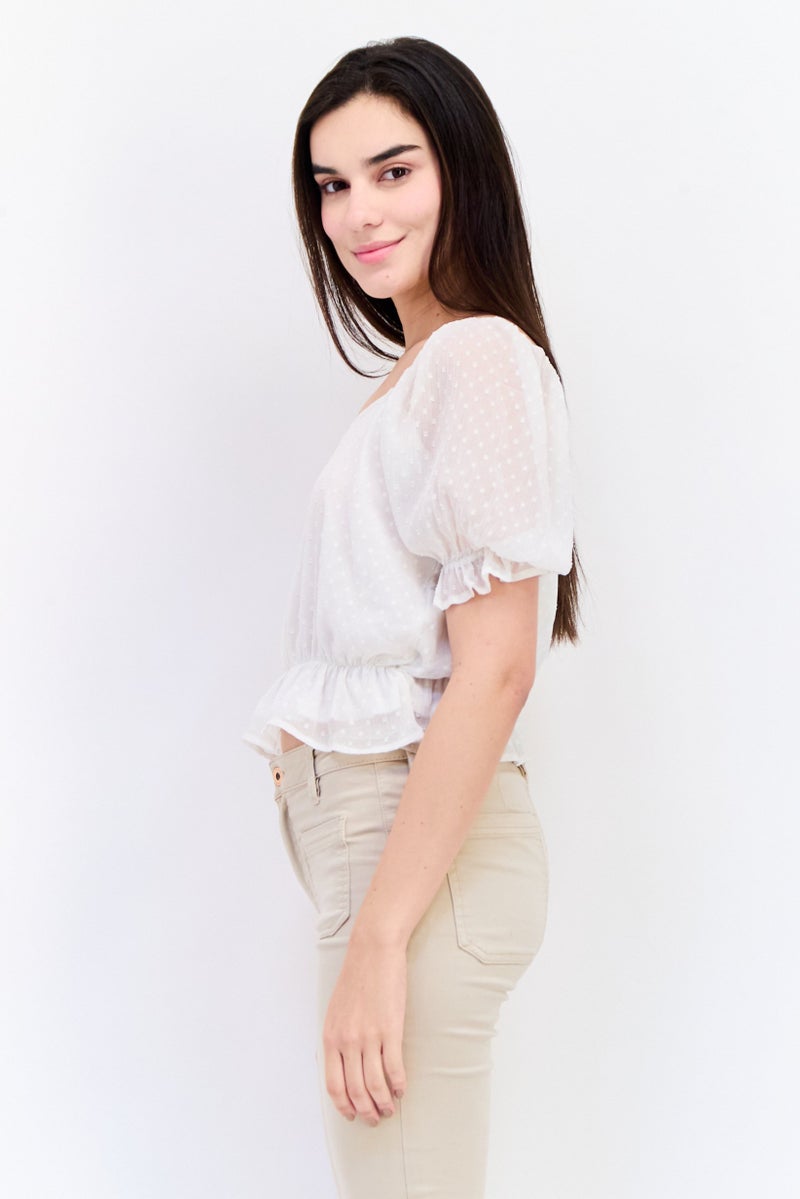 ONLY Women Square Neck Short Sleeve Textured Top, White  - Image 2
