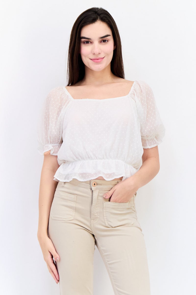 ONLY Women Square Neck Short Sleeve Textured Top, White  - Image 1