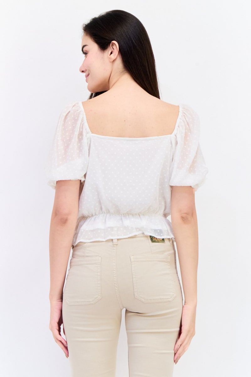 ONLY Women Square Neck Short Sleeve Textured Top, White  - Image 3