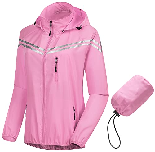 CREATMO US Womens Cycling Raincoats Waterproof Running Windbreaker Biking Outdoor Lightweight Coat With Removable Hood Pink XL - Image 1