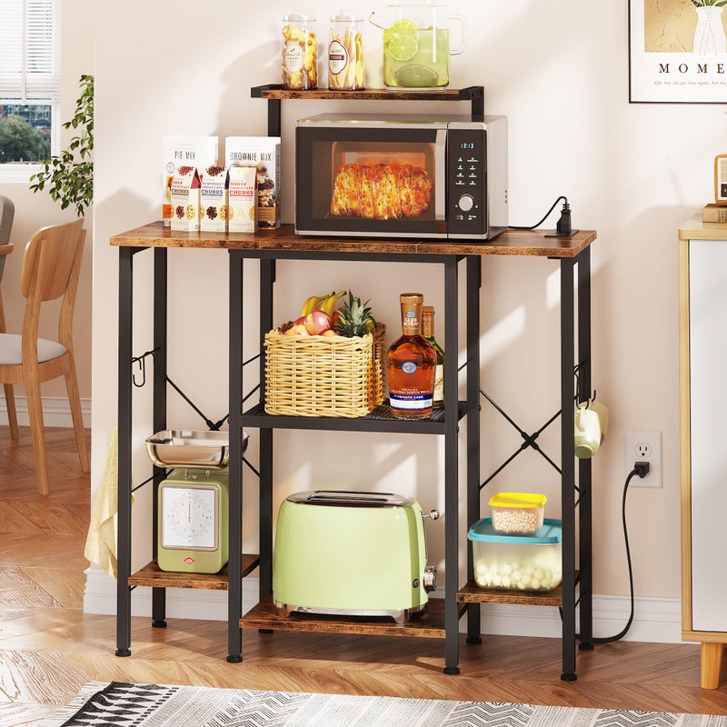HIGDBFE Bakers Rack with Power Outlet, Coffee Bar with 4 Hooks, 6 Tiers Microwave Stand with Storage, Freestanding Kitchen Appliance Organizer for Spices, Pots, Rustic Brown, 32" W - Image 1