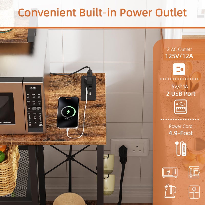 HIGDBFE Bakers Rack with Power Outlet, Coffee Bar with 4 Hooks, 6 Tiers Microwave Stand with Storage, Freestanding Kitchen Appliance Organizer for Spices, Pots, Rustic Brown, 32" W - Image 4