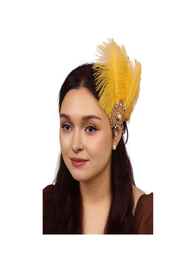 Aimimier Bridal 1920s Flapper Yellow Feather Clip with Crystal Brooch Bow Pendant Roaring 20s Feather Headpiece Prom Party Festival Hair Accessories for Women - Image 1