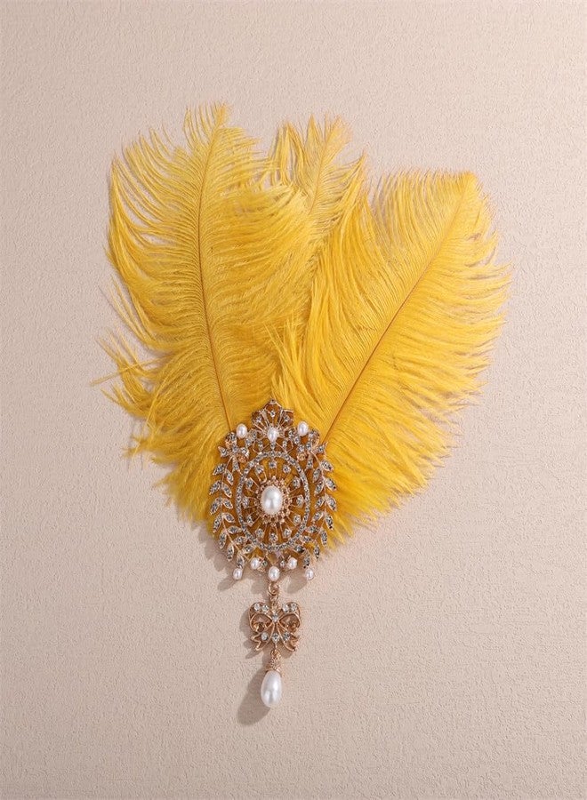 Aimimier Bridal 1920s Flapper Yellow Feather Clip with Crystal Brooch Bow Pendant Roaring 20s Feather Headpiece Prom Party Festival Hair Accessories for Women - Image 2