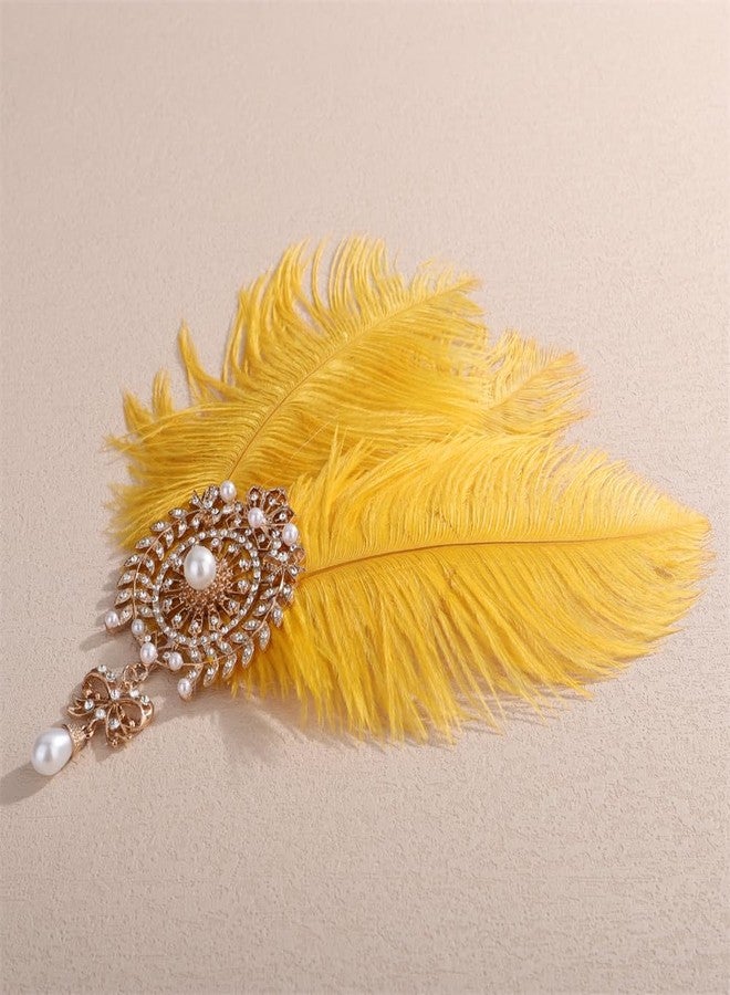 Aimimier Bridal 1920s Flapper Yellow Feather Clip with Crystal Brooch Bow Pendant Roaring 20s Feather Headpiece Prom Party Festival Hair Accessories for Women - Image 3