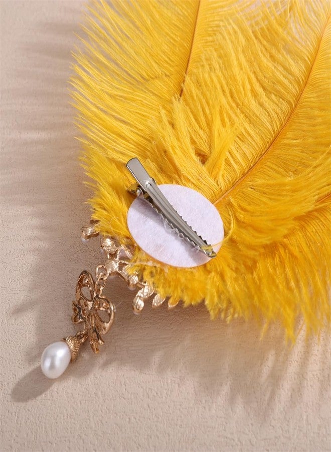 Aimimier Bridal 1920s Flapper Yellow Feather Clip with Crystal Brooch Bow Pendant Roaring 20s Feather Headpiece Prom Party Festival Hair Accessories for Women - Image 5