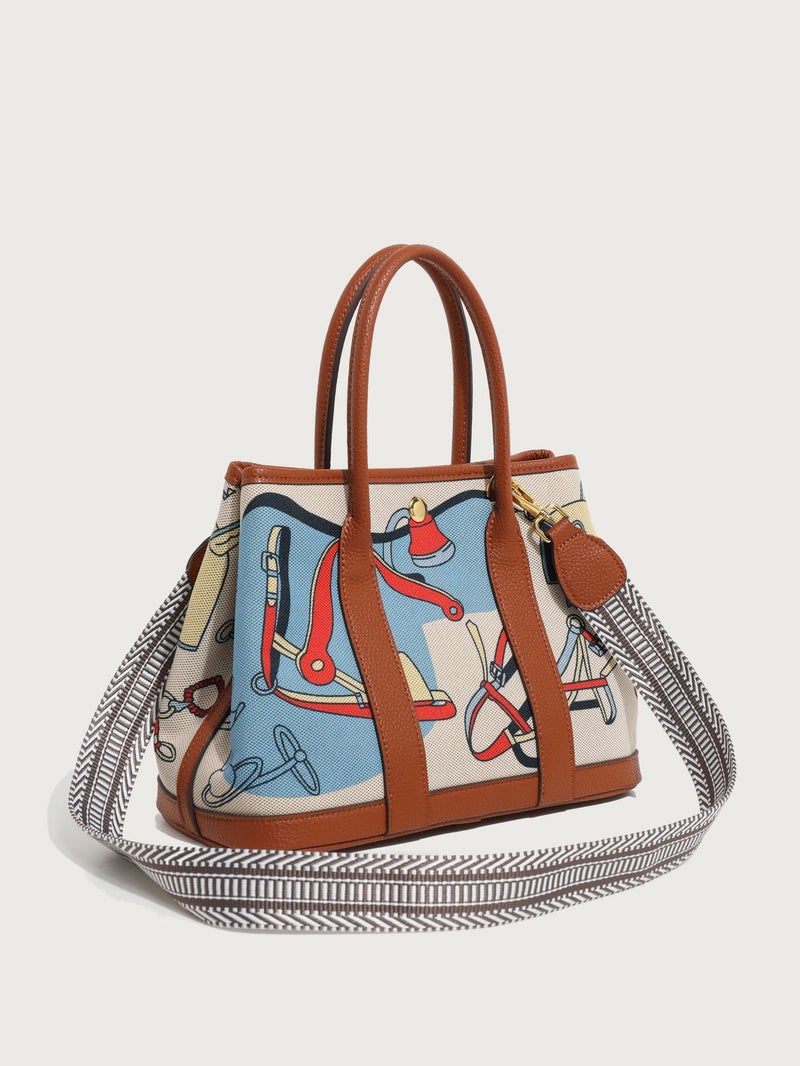 Graffiti Painted Canvas Patchwork Garden Bag New Arrival Handbag Large Capacity Leather Contrast Color Tote Bag Women'S Crossbody Bag - Image 3