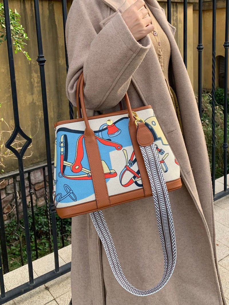 Graffiti Painted Canvas Patchwork Garden Bag New Arrival Handbag Large Capacity Leather Contrast Color Tote Bag Women'S Crossbody Bag - Image 5