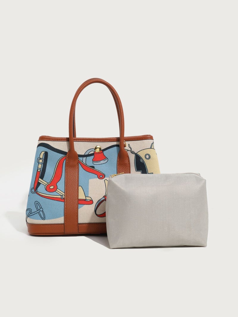 Graffiti Painted Canvas Patchwork Garden Bag New Arrival Handbag Large Capacity Leather Contrast Color Tote Bag Women'S Crossbody Bag - Image 4
