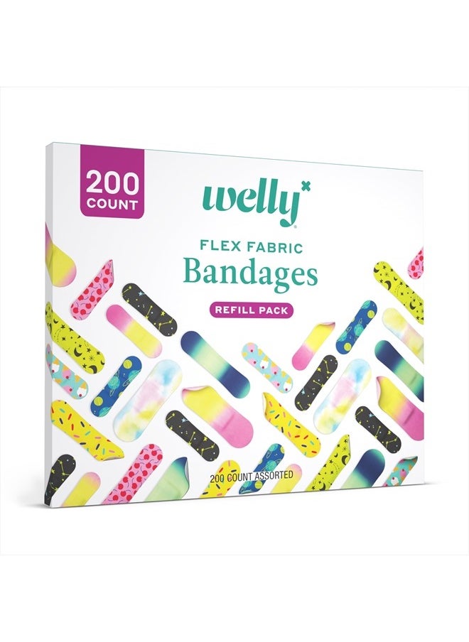 Welly - Bandage Refill Ready Pack | Adhesive Flexible Fabric Bandages | Bulk Assorted Shapes and Patterns for Minor Cuts, Scrapes, and Wounds - 200 Count - Image 1