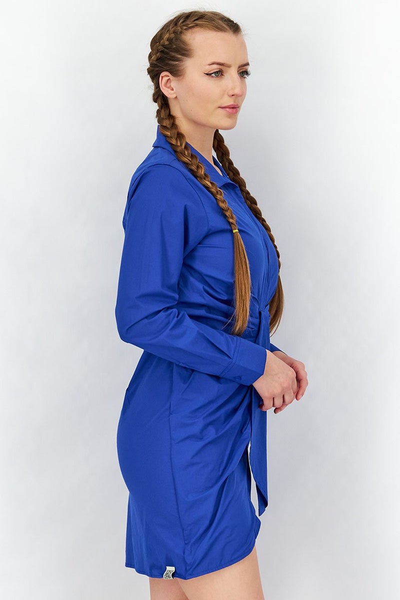 The Giving Movement Women Long Sleeve Rouched Shirt Dress, Moroccan Blue - Image 3