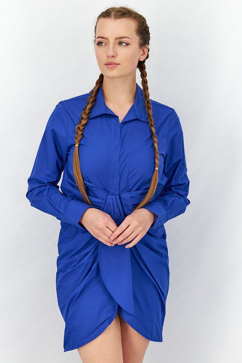 The Giving Movement Women Long Sleeve Rouched Shirt Dress, Moroccan Blue - Image 1