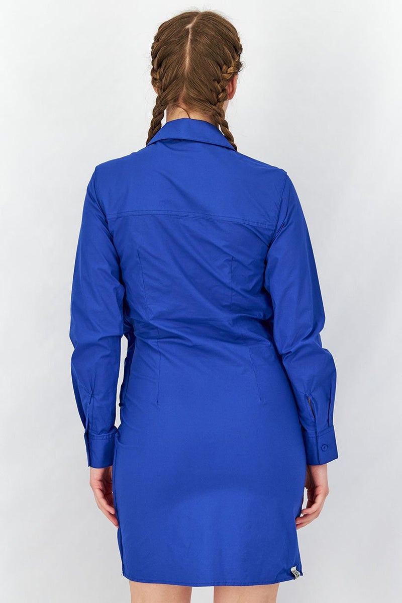 The Giving Movement Women Long Sleeve Rouched Shirt Dress, Moroccan Blue - Image 4