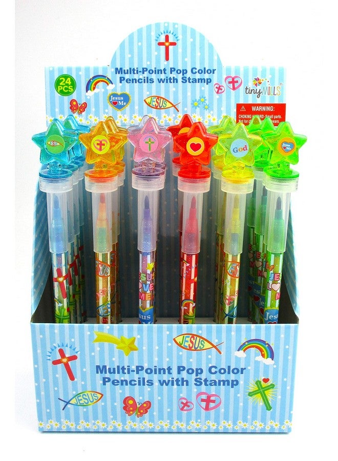 TINYMILLS 24 Pcs Religious Christian 2 in 1 Stackable Stacking Crayon with Extra Stamper Topper, Sunday School Classroom Rewards, Prizes, Christian Toys Sunday School Rewards - Image 1