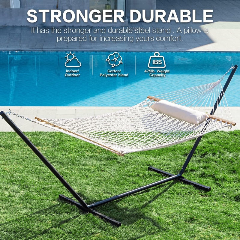 PNAEUT Double Rope Hammock with Stand Included, 12ft Heavy Duty Stand, 2 Person Traditional Cotton Rope Hammocks with Pillow for Outside Porch Patio Backyard Outdoor, Max 475lbs Capacity (Burlywood) - Image 3