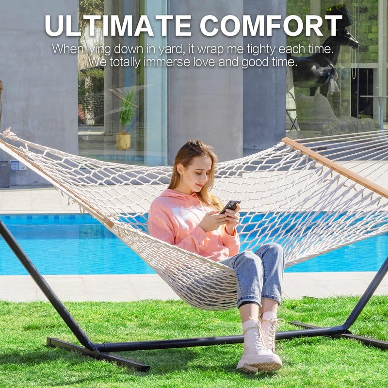 PNAEUT Double Rope Hammock with Stand Included, 12ft Heavy Duty Stand, 2 Person Traditional Cotton Rope Hammocks with Pillow for Outside Porch Patio Backyard Outdoor, Max 475lbs Capacity (Burlywood) - Image 2