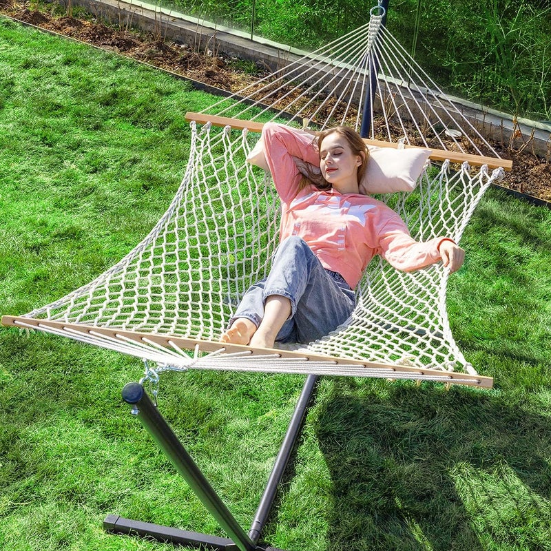 PNAEUT Double Rope Hammock with Stand Included, 12ft Heavy Duty Stand, 2 Person Traditional Cotton Rope Hammocks with Pillow for Outside Porch Patio Backyard Outdoor, Max 475lbs Capacity (Burlywood) - Image 1