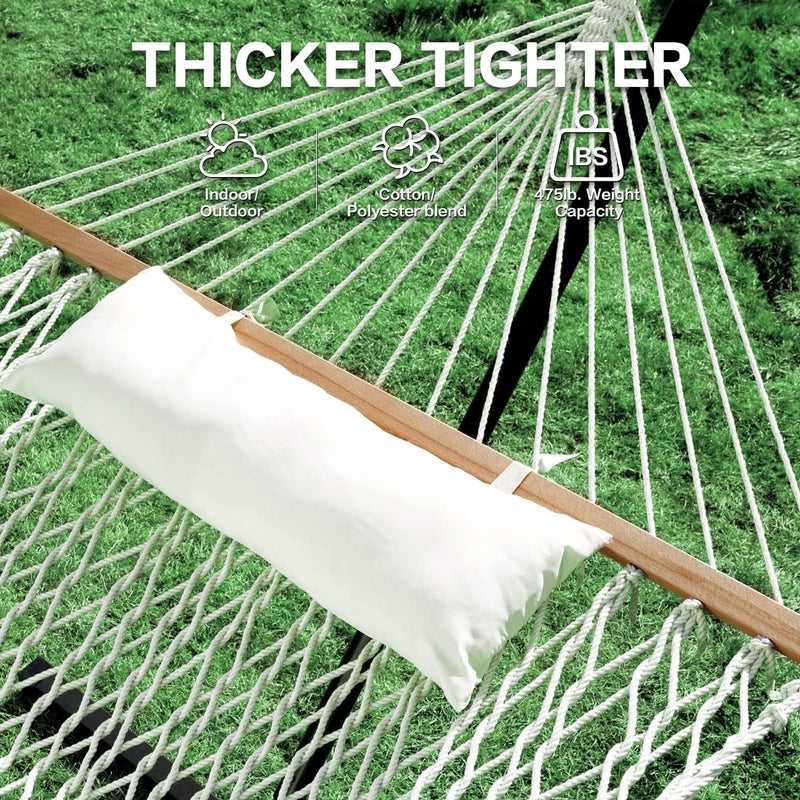 PNAEUT Double Rope Hammock with Stand Included, 12ft Heavy Duty Stand, 2 Person Traditional Cotton Rope Hammocks with Pillow for Outside Porch Patio Backyard Outdoor, Max 475lbs Capacity (Burlywood) - Image 4