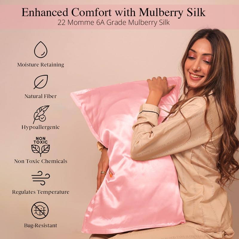 Furbo Mulberry Silk Pillowcase Pure Mulberry Silk Pillow Cover for Hair and Skin Anti Acne Luxury Blush Pink Pack of 1 - Image 4