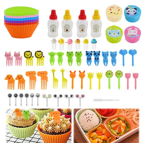 Abnaok 61PCS Silicone Lunch Box Dividers Bento Box Accessories Silicone Cupcake Liners, Lunch Box Accessories Including Food Picks Mini Condiment Bottles for Lunch Containers Accessories - Image 1