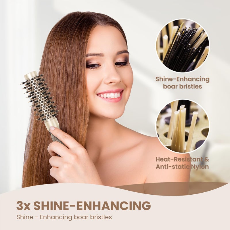 AIMIKE Round Hair Brush, 1 inch Barrel with Boar Bristles, Nano Thermal Ceramic & Ionic Tech, for Blow Drying, Styling, Curling and Shine + 4 Clips (Gold, Unisex, Fine Hair, Short Hair, Anti-Frizz) - Image 3