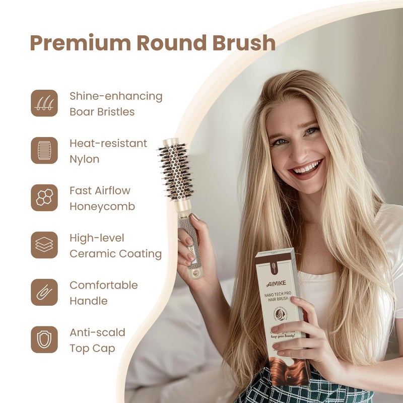 AIMIKE Round Hair Brush, 1 inch Barrel with Boar Bristles, Nano Thermal Ceramic & Ionic Tech, for Blow Drying, Styling, Curling and Shine + 4 Clips (Gold, Unisex, Fine Hair, Short Hair, Anti-Frizz) - Image 2