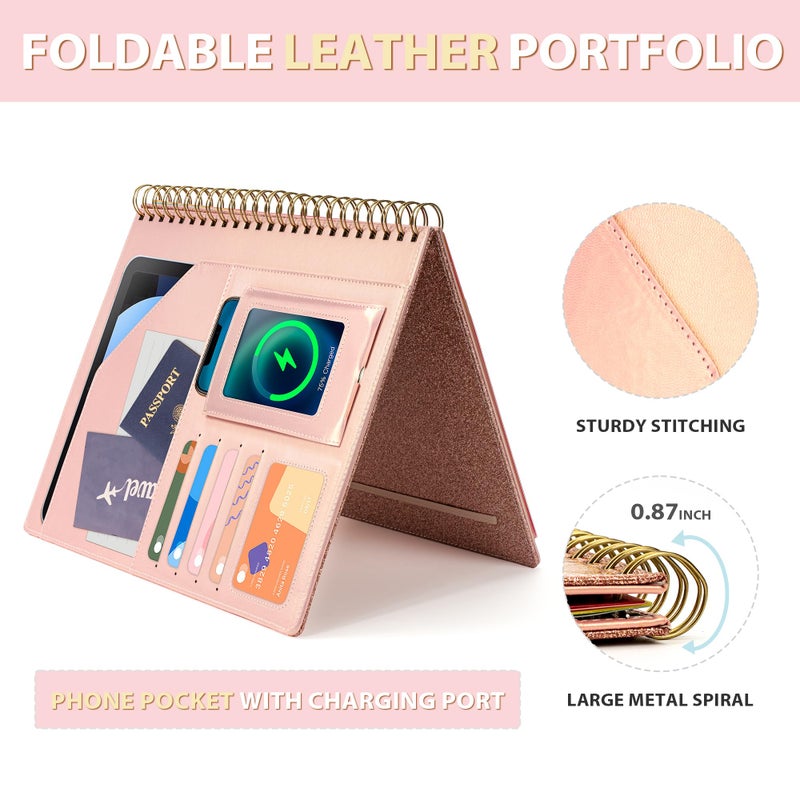 Ospelelf Clipboard with Storage for Women, Leather Padfolio Portfolio Organizer 5 Folders with 10 Pockets, Spiral Clipboard Folio with Notepad for Letter Size, Elastic Closure and Pen Loop Rose Gold - Image 5