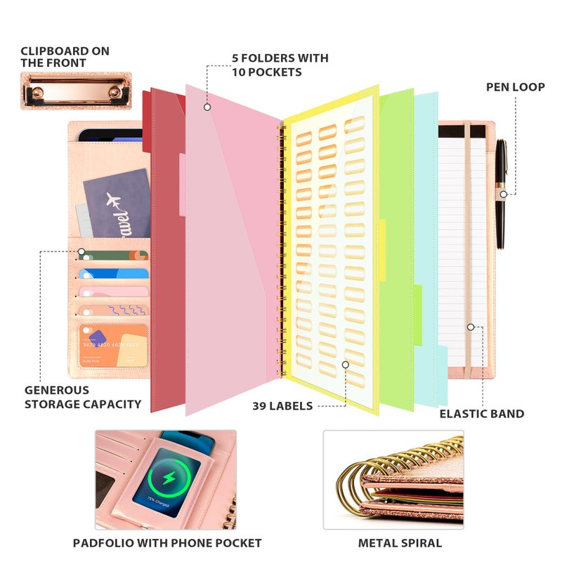 Ospelelf Clipboard with Storage for Women, Leather Padfolio Portfolio Organizer 5 Folders with 10 Pockets, Spiral Clipboard Folio with Notepad for Letter Size, Elastic Closure and Pen Loop Rose Gold - Image 2