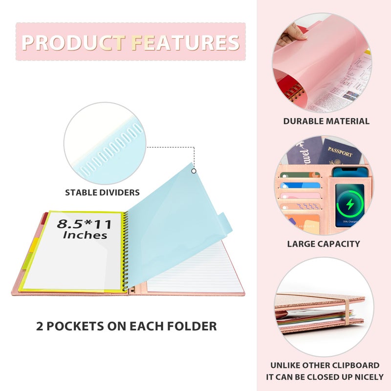 Ospelelf Clipboard with Storage for Women, Leather Padfolio Portfolio Organizer 5 Folders with 10 Pockets, Spiral Clipboard Folio with Notepad for Letter Size, Elastic Closure and Pen Loop Rose Gold - Image 4