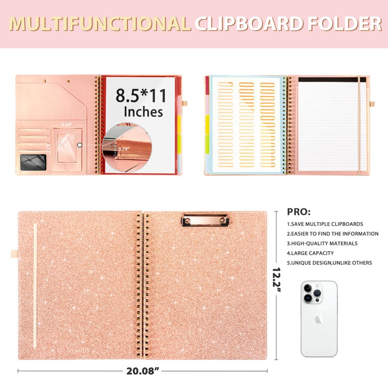Ospelelf Clipboard with Storage for Women, Leather Padfolio Portfolio Organizer 5 Folders with 10 Pockets, Spiral Clipboard Folio with Notepad for Letter Size, Elastic Closure and Pen Loop Rose Gold - Image 3