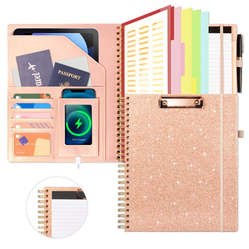 Ospelelf Clipboard with Storage for Women, Leather Padfolio Portfolio Organizer 5 Folders with 10 Pockets, Spiral Clipboard Folio with Notepad for Letter Size, Elastic Closure and Pen Loop Rose Gold - Image 1