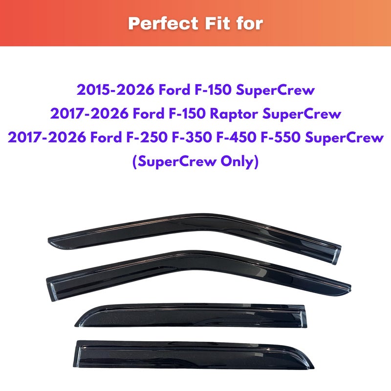KPY Rain Guards Fit for 2015-2026 Ford F150 SuperCrew, Out-Channel Window Visor Vent Deflector 4PC, Truck Accessories for 2017-2026 F150 Raptor F250 F350 F450 F550 Super Duty Crew Cab (Full-Size Cabs) - Image 2