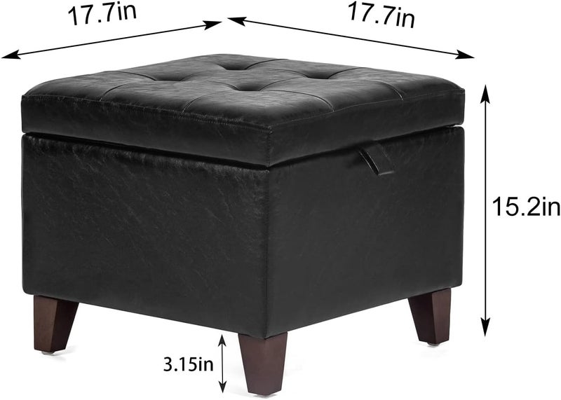 Adeco Storage Ottoman Foot Rest Stool, Leather Ottoman Footstool with Solid Wood Legs and Hinged Lid, 17.7" Small Foot Stool for Living Room, Bedroom - Image 3