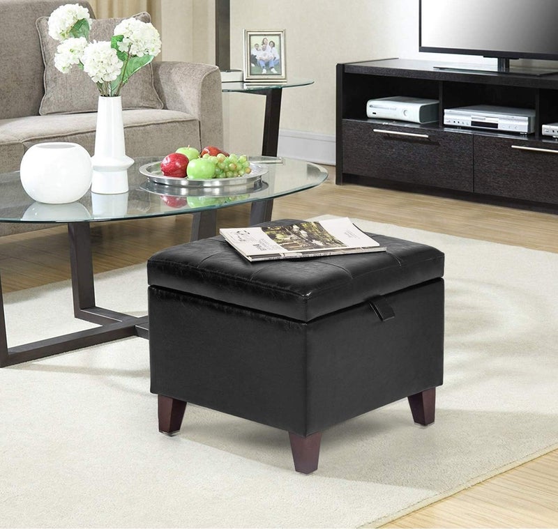 Adeco Storage Ottoman Foot Rest Stool, Leather Ottoman Footstool with Solid Wood Legs and Hinged Lid, 17.7" Small Foot Stool for Living Room, Bedroom - Image 2