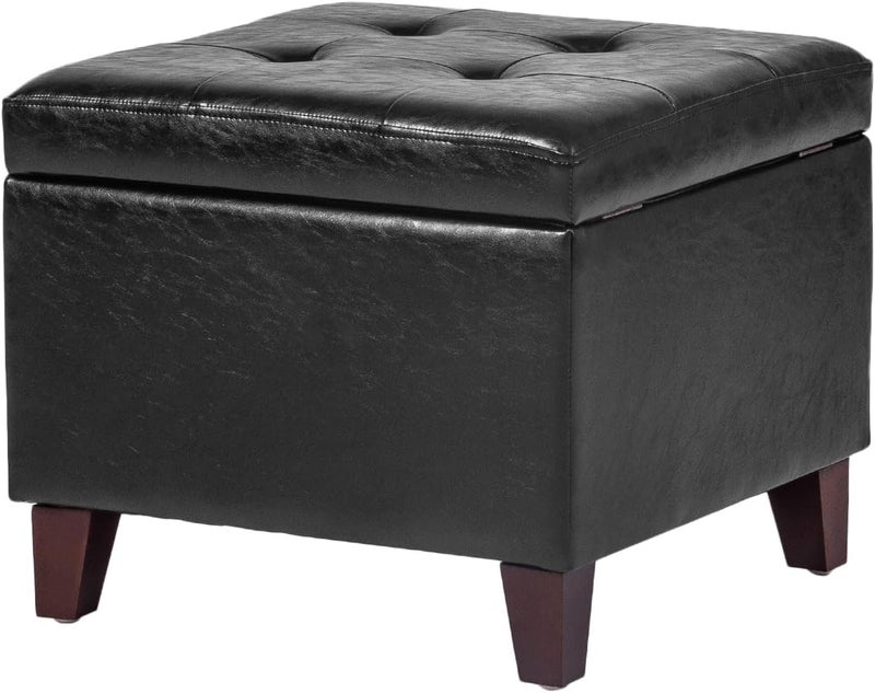 Adeco Storage Ottoman Foot Rest Stool, Leather Ottoman Footstool with Solid Wood Legs and Hinged Lid, 17.7" Small Foot Stool for Living Room, Bedroom - Image 1