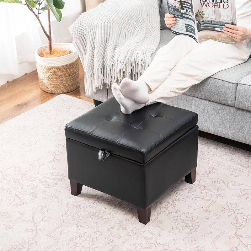 Adeco Storage Ottoman Foot Rest Stool, Leather Ottoman Footstool with Solid Wood Legs and Hinged Lid, 17.7" Small Foot Stool for Living Room, Bedroom - Image 4