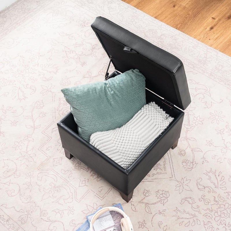 Adeco Storage Ottoman Foot Rest Stool, Leather Ottoman Footstool with Solid Wood Legs and Hinged Lid, 17.7" Small Foot Stool for Living Room, Bedroom - Image 5