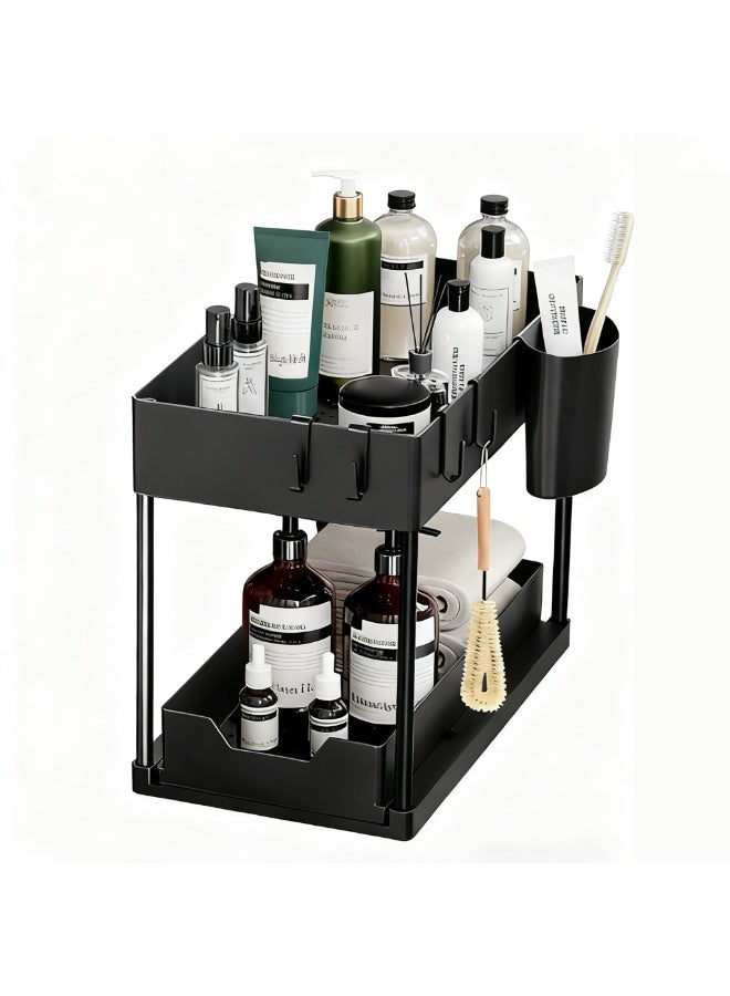 Under Sink Organizers and Storage 1 Pack - 2 Tier Sliding Bathroom Cabinet Organizer with Hooks - Multi-Purpose Under The Sink Organizer Kitchen - Image 1