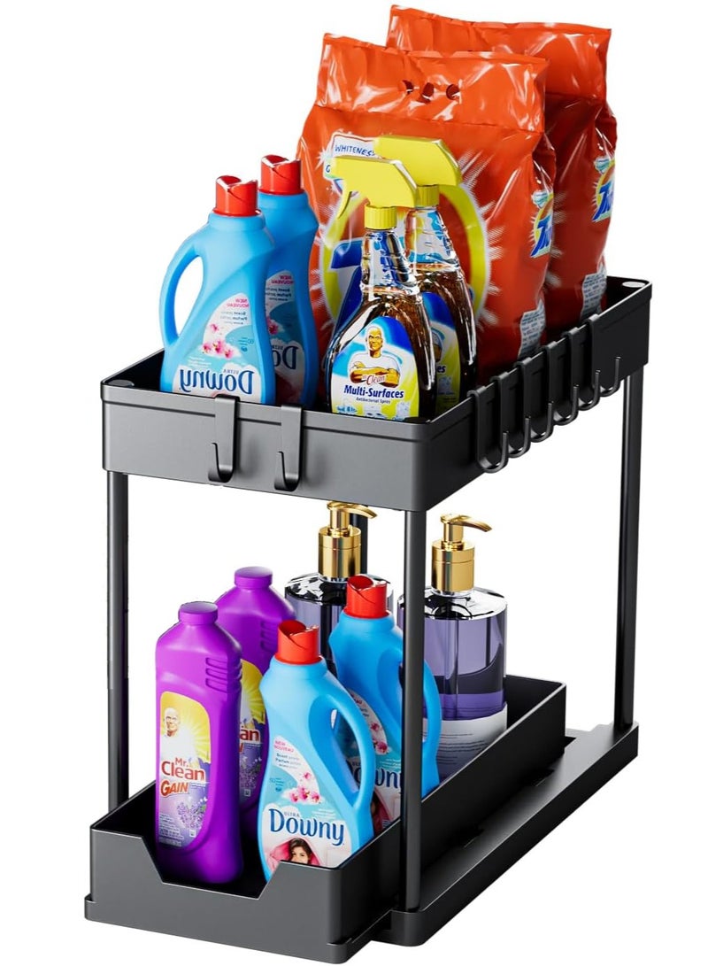 Under Sink Organizers and Storage 1 Pack - 2 Tier Sliding Bathroom Cabinet Organizer with Hooks - Multi-Purpose Under The Sink Organizer Kitchen - Image 2