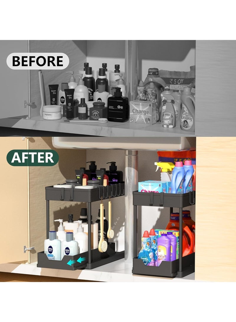 Under Sink Organizers and Storage 1 Pack - 2 Tier Sliding Bathroom Cabinet Organizer with Hooks - Multi-Purpose Under The Sink Organizer Kitchen - Image 3