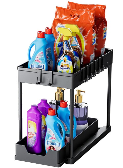 Under Sink Organizers and Storage 1 Pack - 2 Tier Sliding Bathroom Cabinet Organizer with Hooks - Multi-Purpose Under The Sink Organizer Kitchen