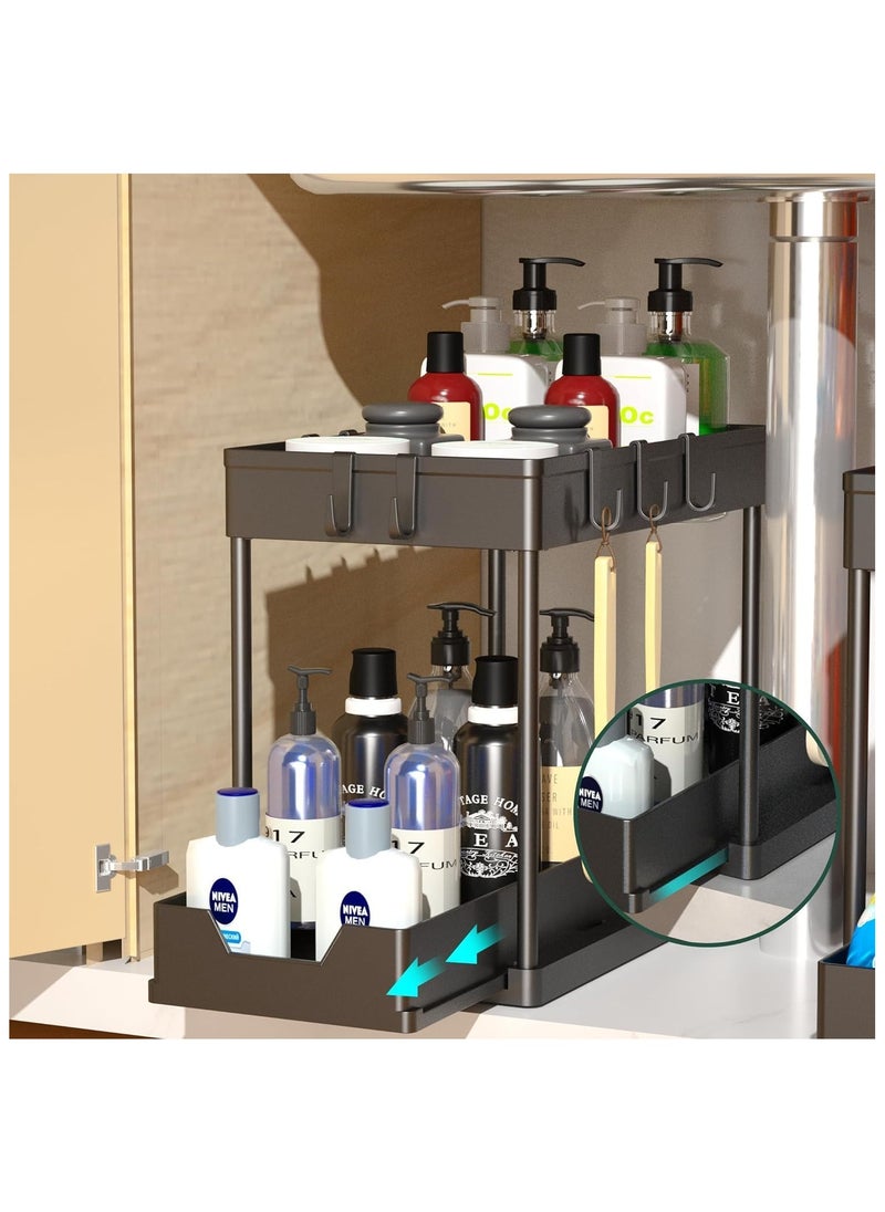 Under Sink Organizers and Storage 1 Pack - 2 Tier Sliding Bathroom Cabinet Organizer with Hooks - Multi-Purpose Under The Sink Organizer Kitchen